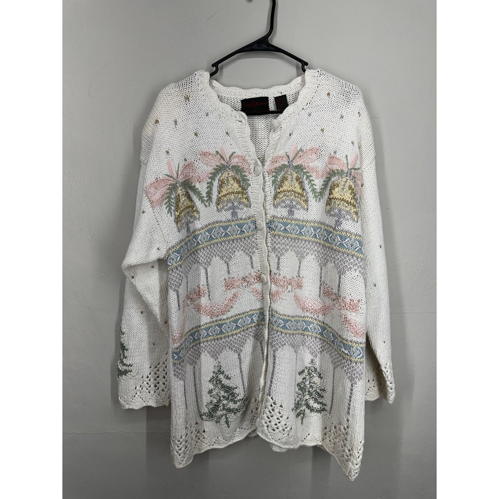 VTG 80s 100% Ramie/Cotton XL Christmas Easter Embroidered Cardigan Cottagecore